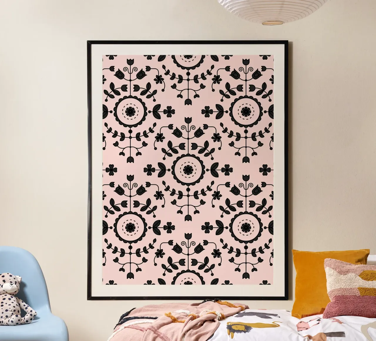 Boho Floral Blush Nero poster con telaio in plastica da SilverPegasus