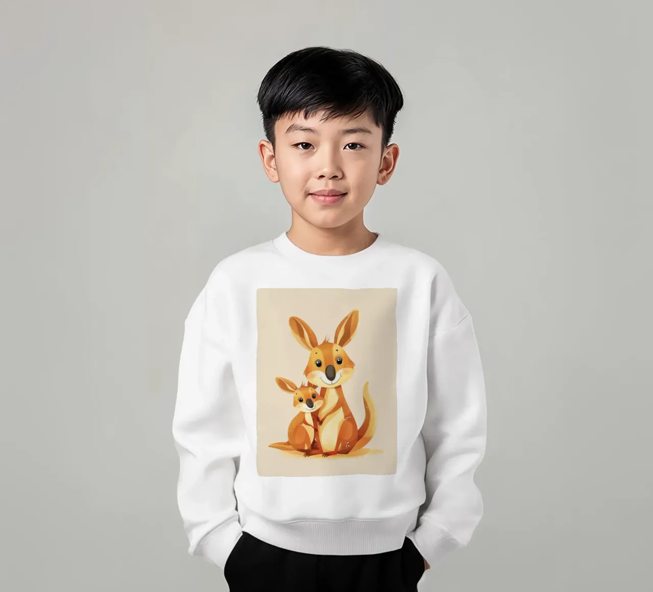 Mother and baby kangaroo in a playful embrace on a warm art kids sweatshirt by DesignDoodle