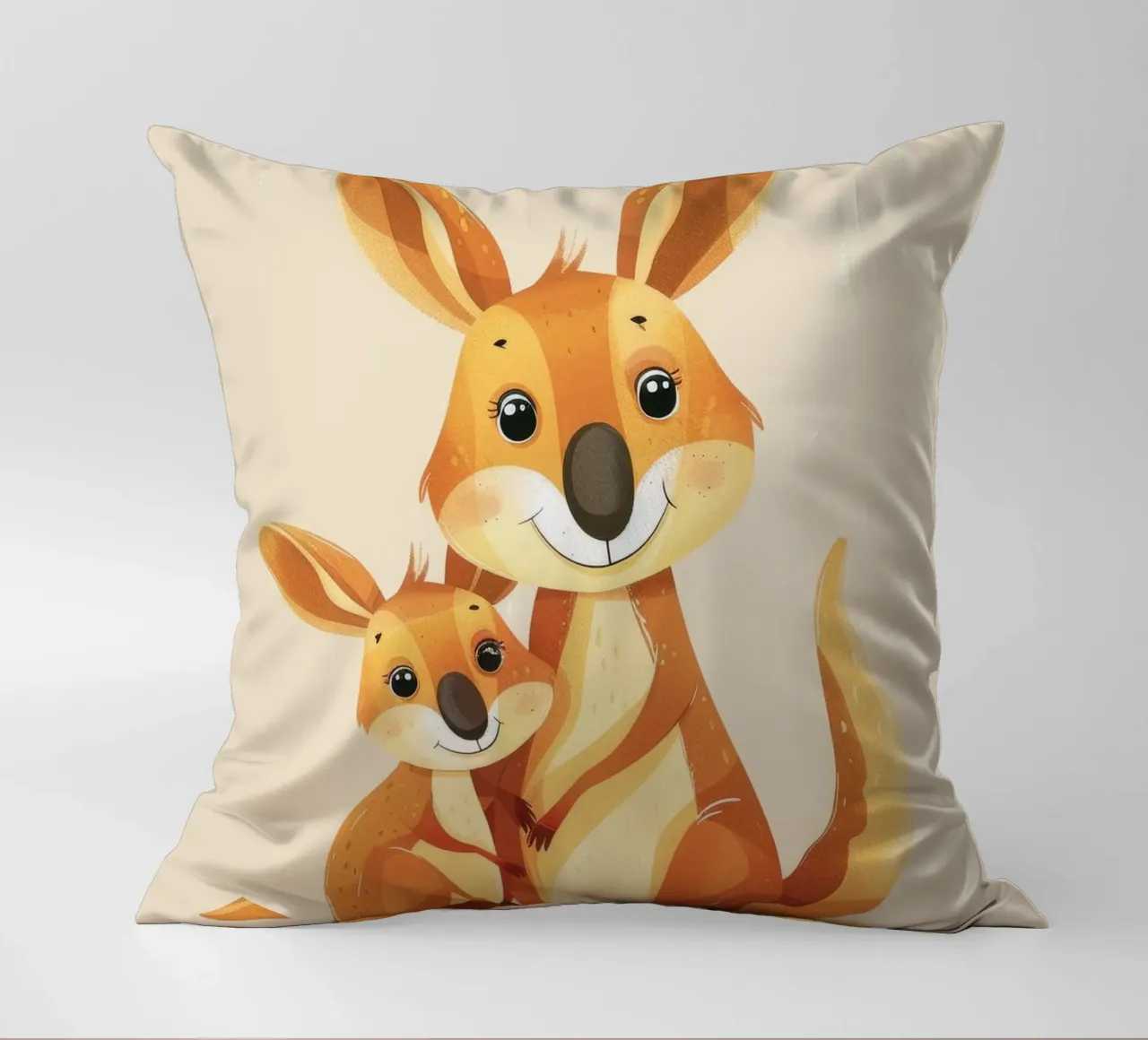 Madre e cucciolo di canguro in un abbraccio giocoso su una calda arte cuscino da DesignDoodle
