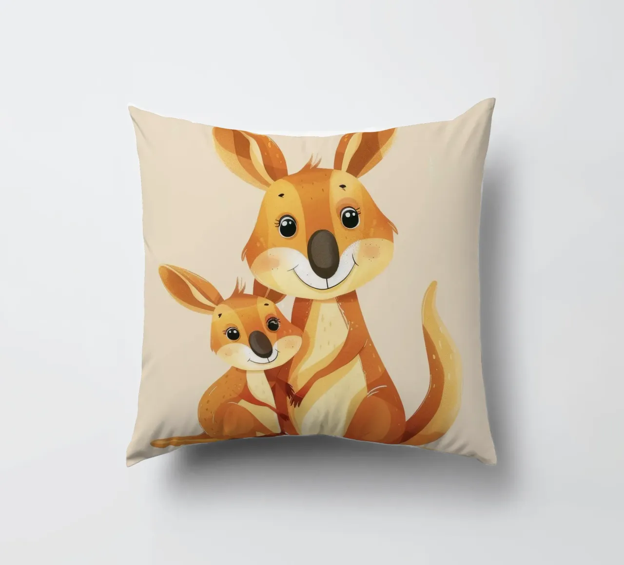 Madre e cucciolo di canguro in un abbraccio giocoso su una calda arte cuscino da DesignDoodle
