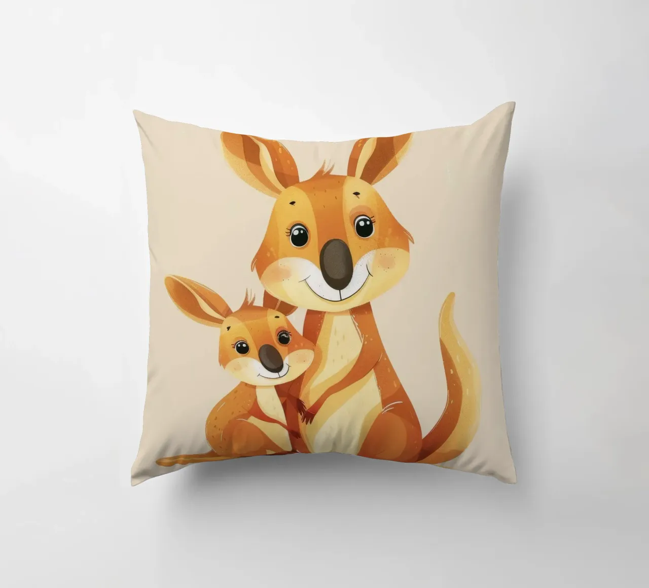 Madre e cucciolo di canguro in un abbraccio giocoso su una calda arte cuscino da DesignDoodle