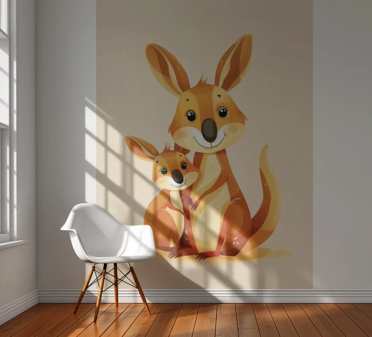 Mother and baby kangaroo in a playful embrace on a warm art photo wallpaper by DesignDoodle