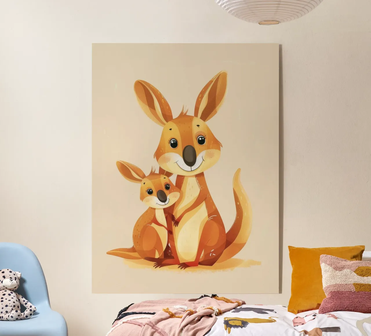 Mother and baby kangaroo in a playful embrace on a warm art acrylic glass by DesignDoodle