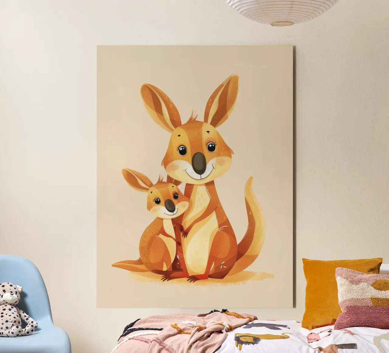 Mutter und Baby-Känguru in einer spielerischen Umarmung auf einer warmen Kunst Alu-Dibond von DesignDoodle