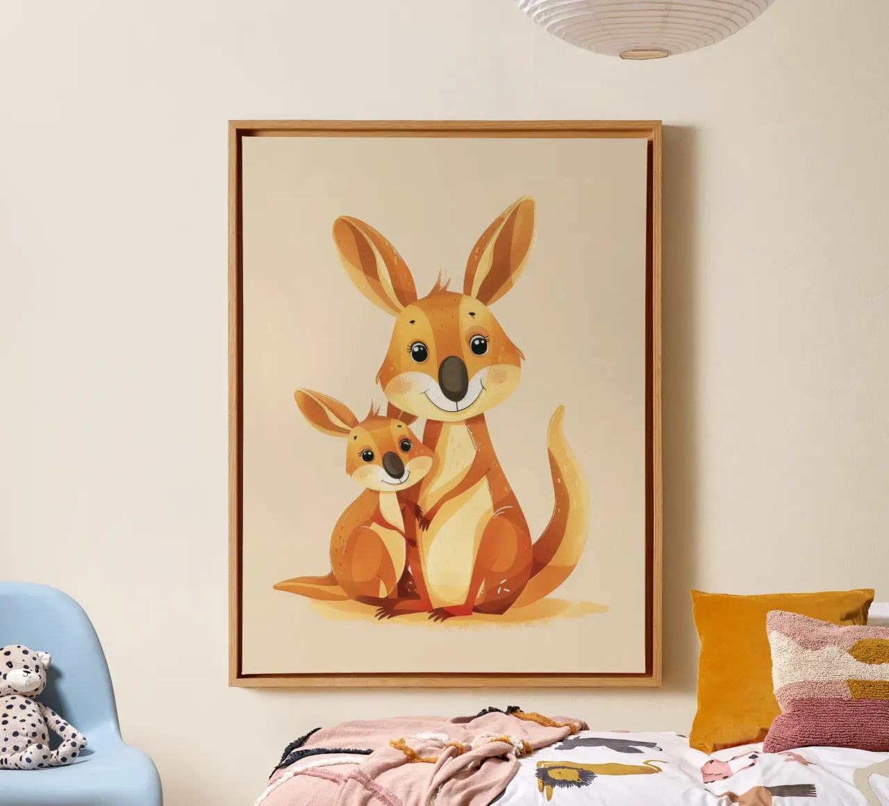 Mother and baby kangaroo in a playful embrace on a warm art canvas by DesignDoodle