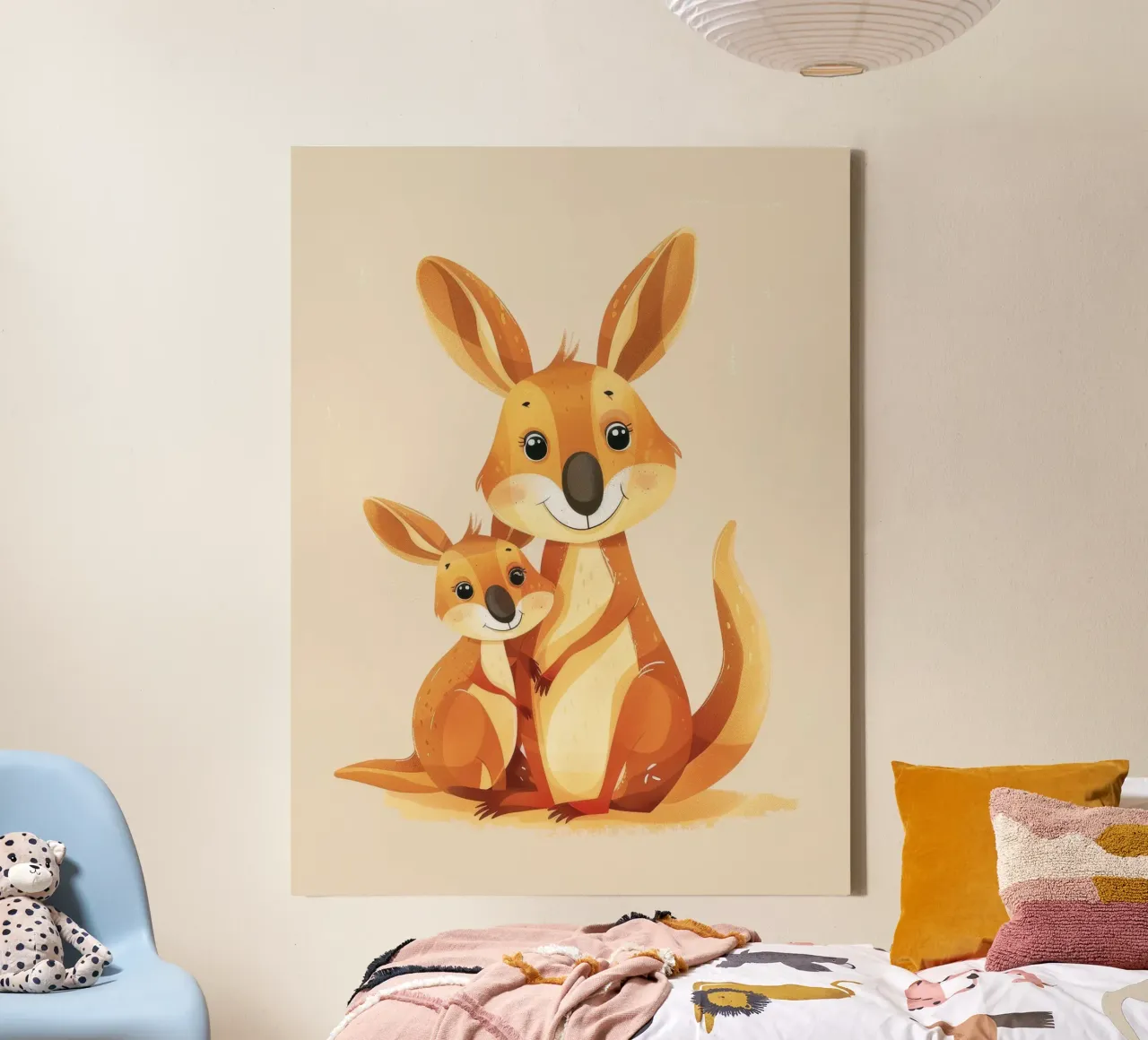 Mother and baby kangaroo in a playful embrace on a warm art canvas by DesignDoodle