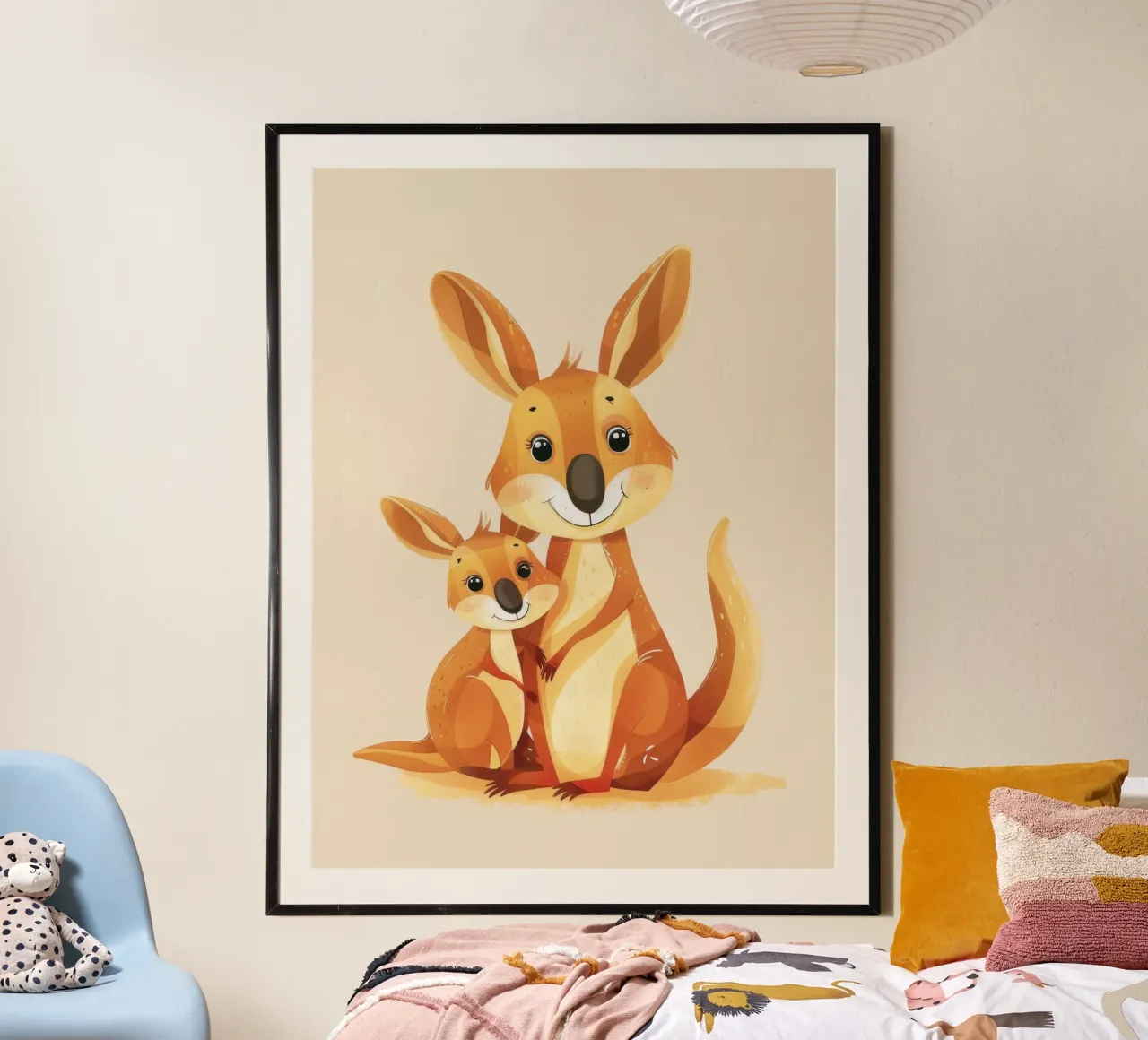 Mutter und Baby-Känguru in einer spielerischen Umarmung auf einer warmen Kunst Poster von DesignDoodle