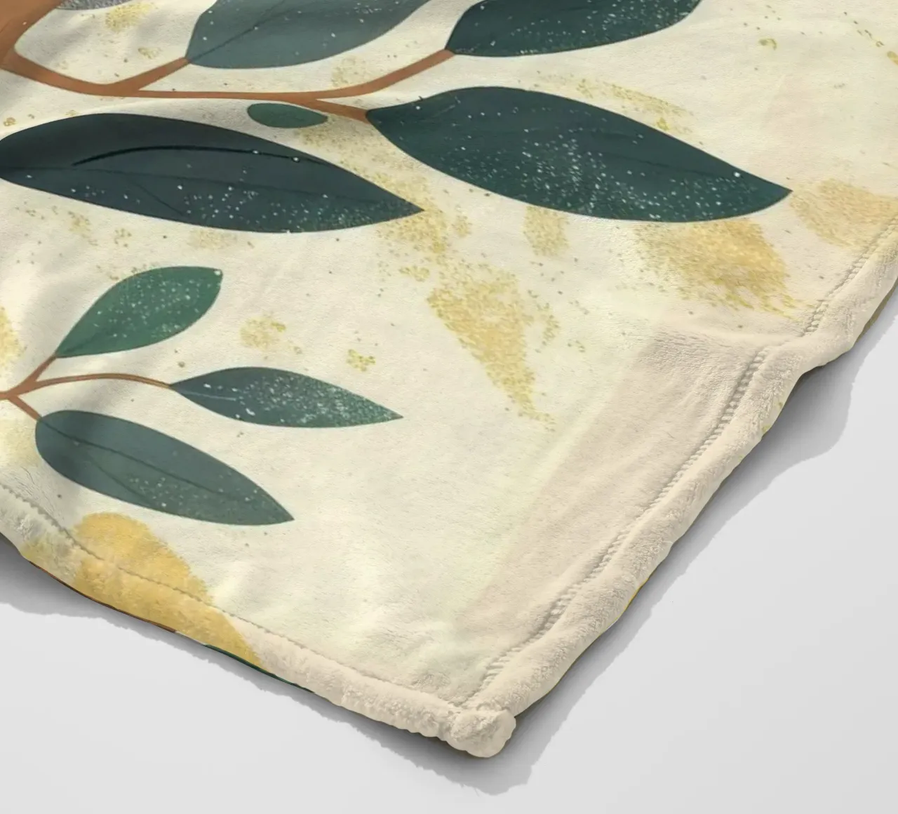 Cute koala climbing a tree with green leaves in a light-tone fleece blanket by DesignDoodle