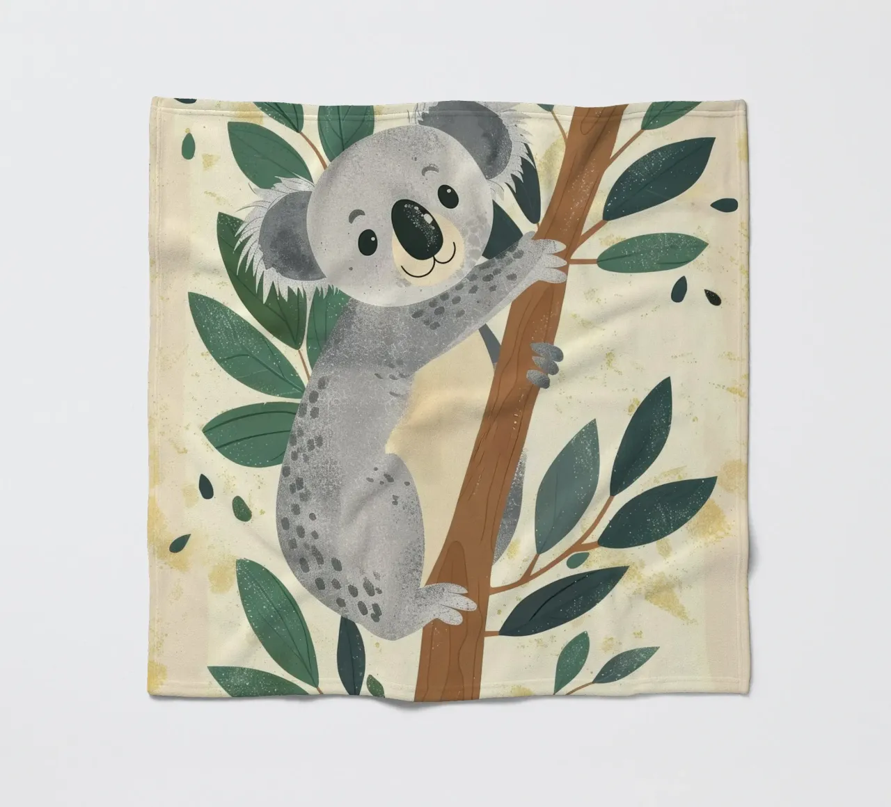 Cute koala climbing a tree with green leaves in a light-tone fleece blanket by DesignDoodle