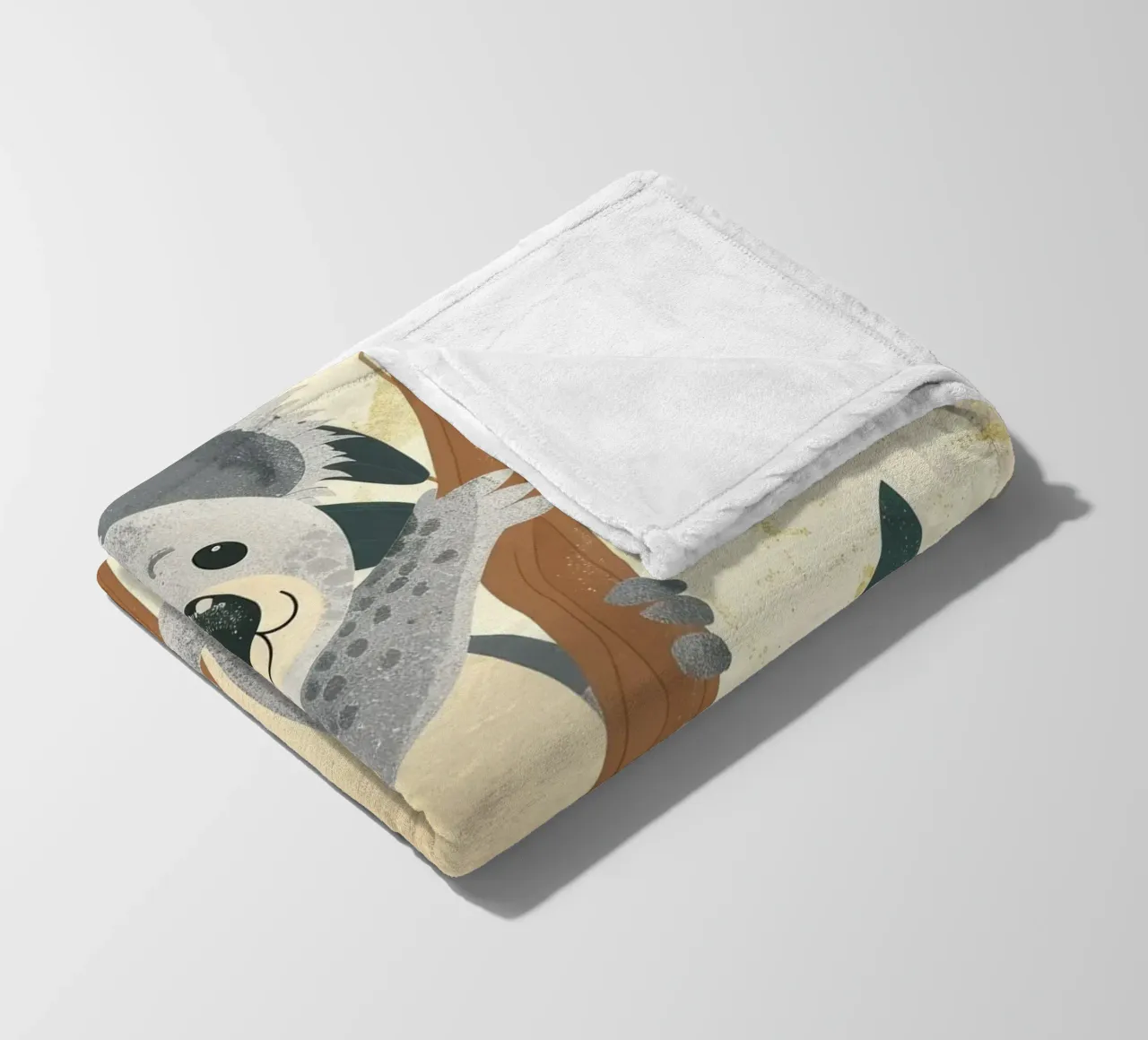Cute koala climbing a tree with green leaves in a light-tone fleece blanket by DesignDoodle