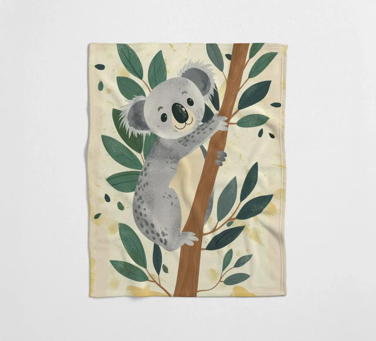 Cute koala climbing a tree with green leaves in a light-tone fleece blanket by DesignDoodle