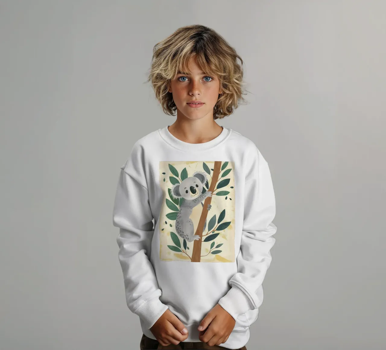 Simpático koala trepando a un árbol de hojas verdes en tono claro sudadera para niño de DesignDoodle