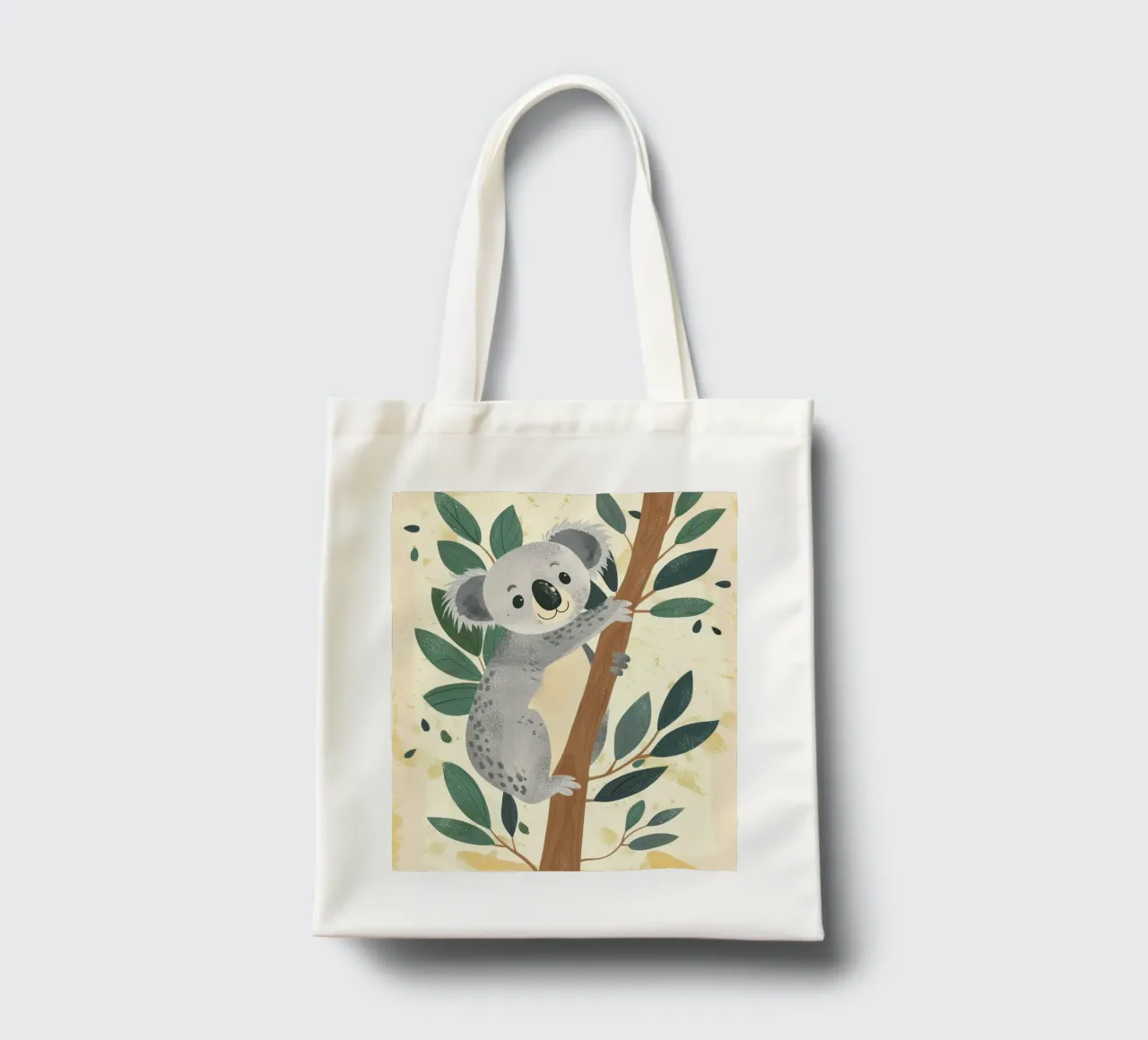 Mignon koala grimpant à un arbre aux feuilles vertes dans un ton clair tote bag de DesignDoodle