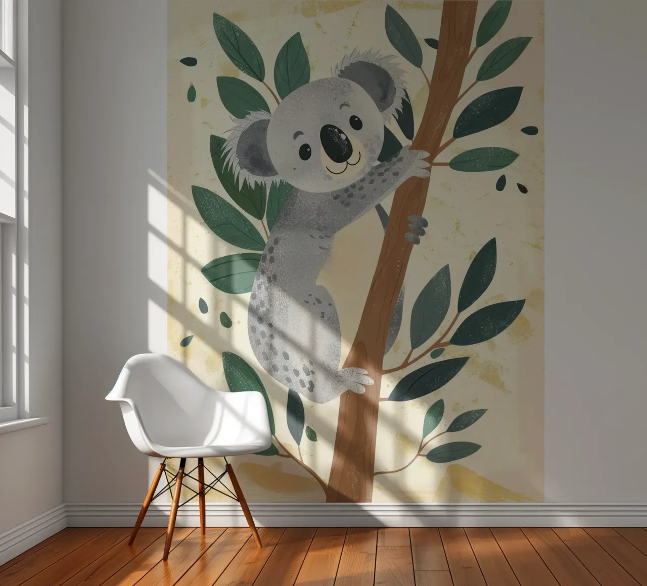 Cute koala climbing a tree with green leaves in a light-tone photo wallpaper by DesignDoodle
