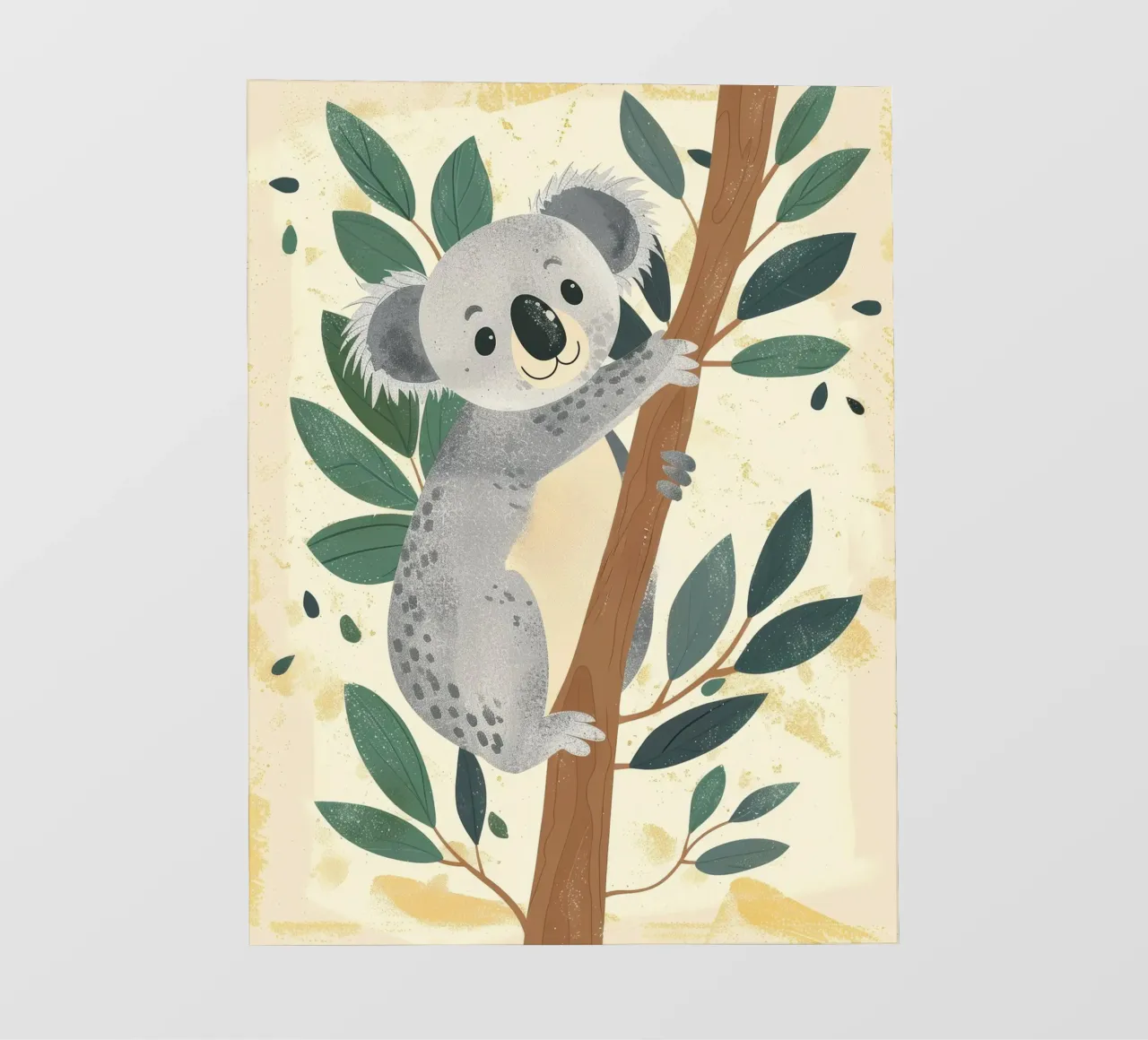 Cute koala climbing a tree with green leaves in a light-tone photo wallpaper by DesignDoodle