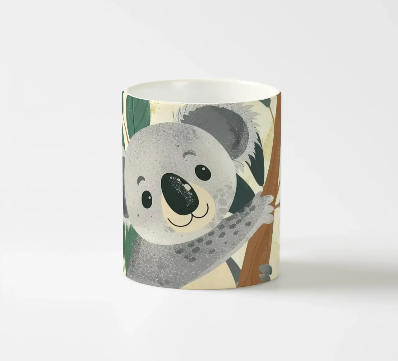 Cute koala climbing a tree with green leaves in a light-tone ceramic mug by DesignDoodle