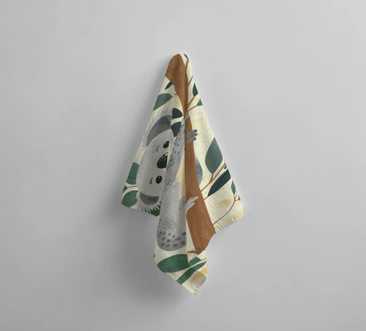 Cute koala climbing a tree with green leaves in a light-tone towel by DesignDoodle