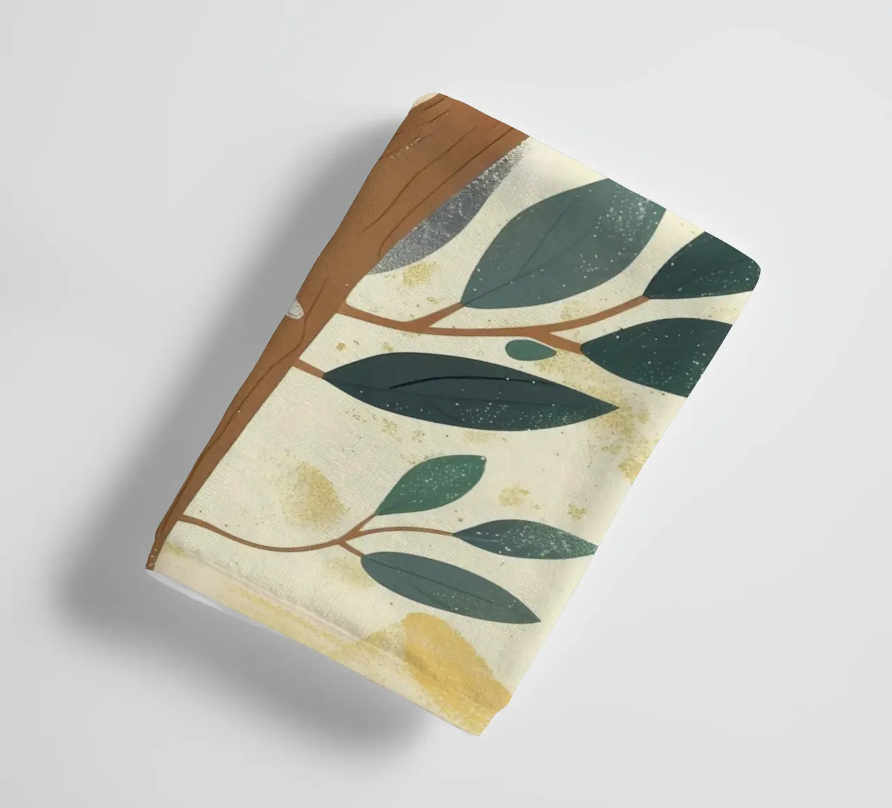 Cute koala climbing a tree with green leaves in a light-tone towel by DesignDoodle