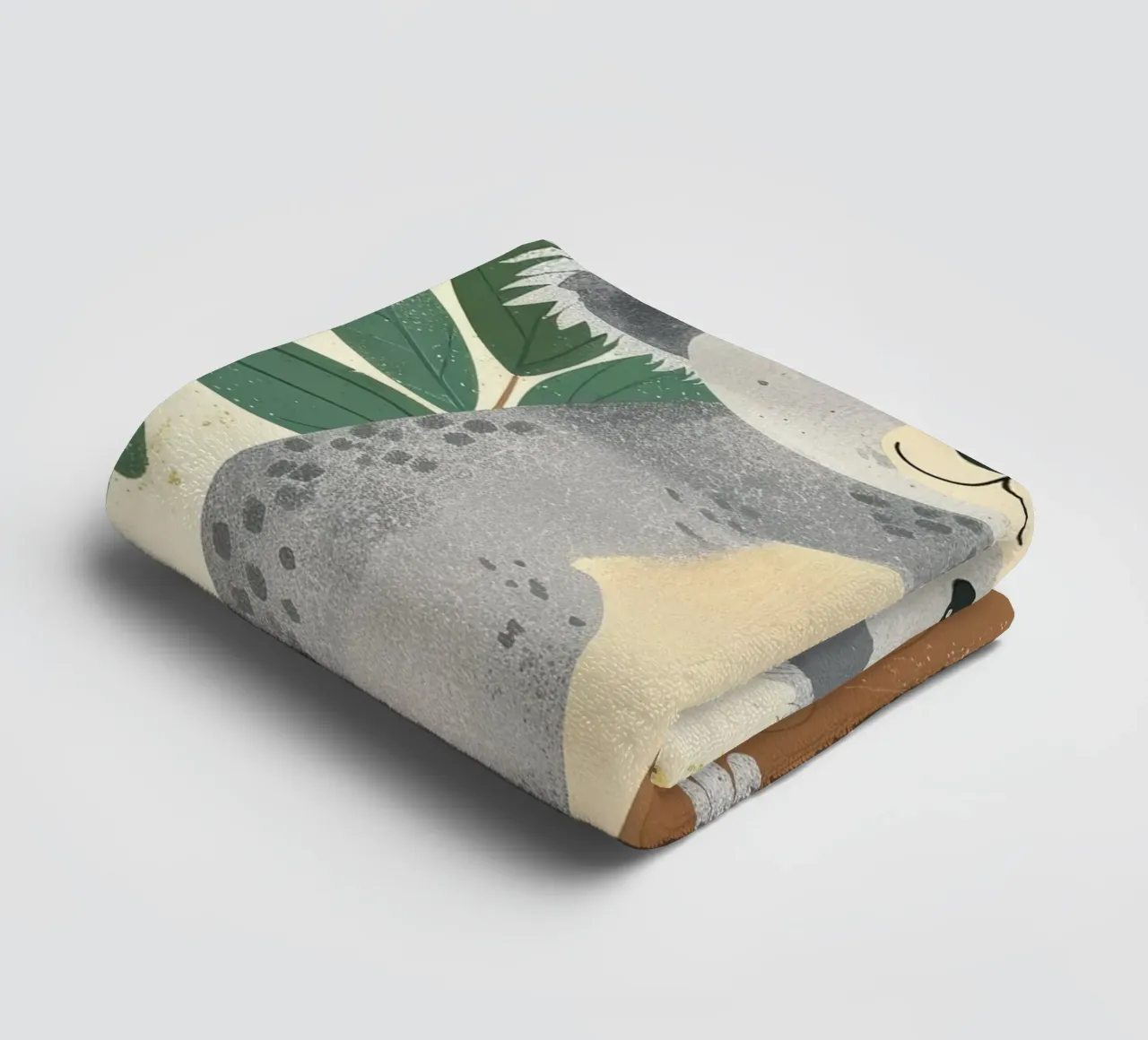 Cute koala climbing a tree with green leaves in a light-tone towel by DesignDoodle
