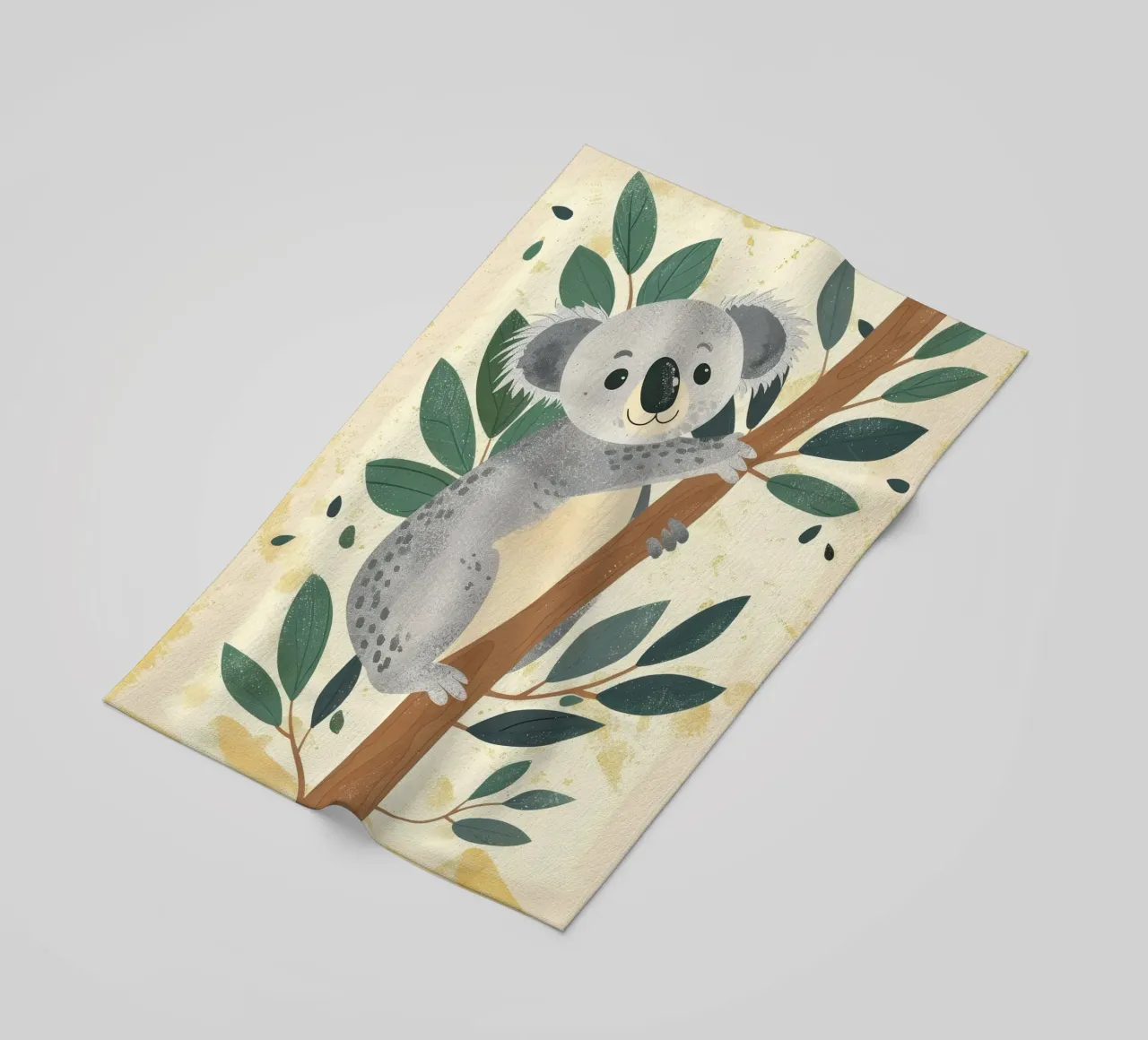 Carino koala che si arrampica su un albero con foglie verdi in tonalità chiara telo mare da DesignDoodle