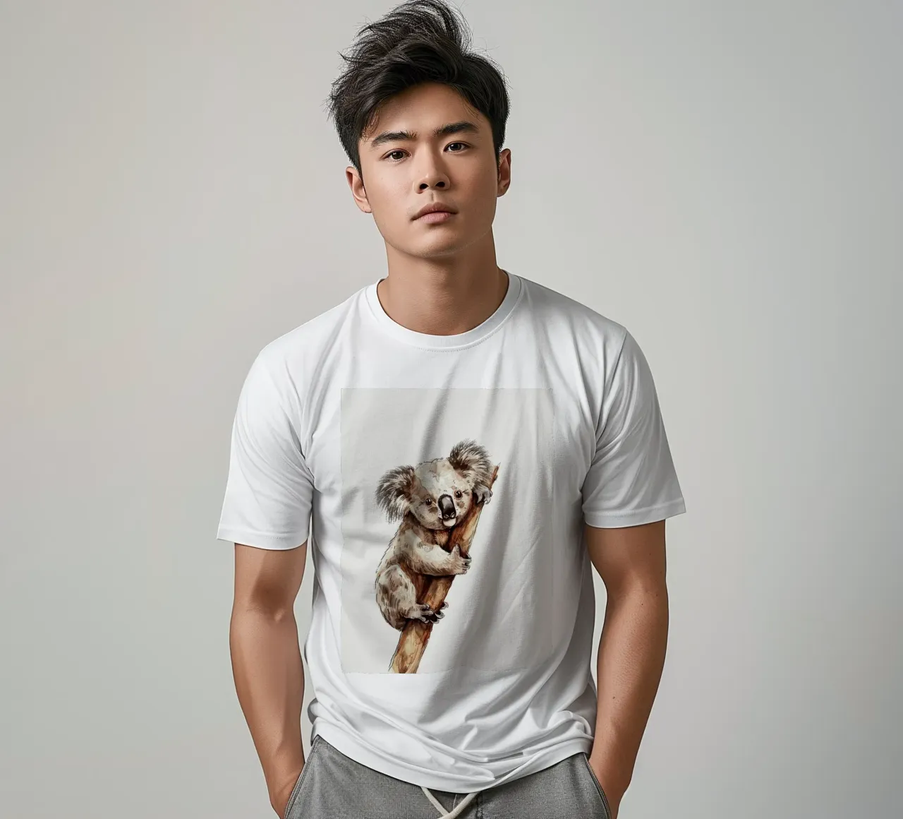 Cute koala climbing a tree branch in a natural habitat with t-shirt by DesignDoodle