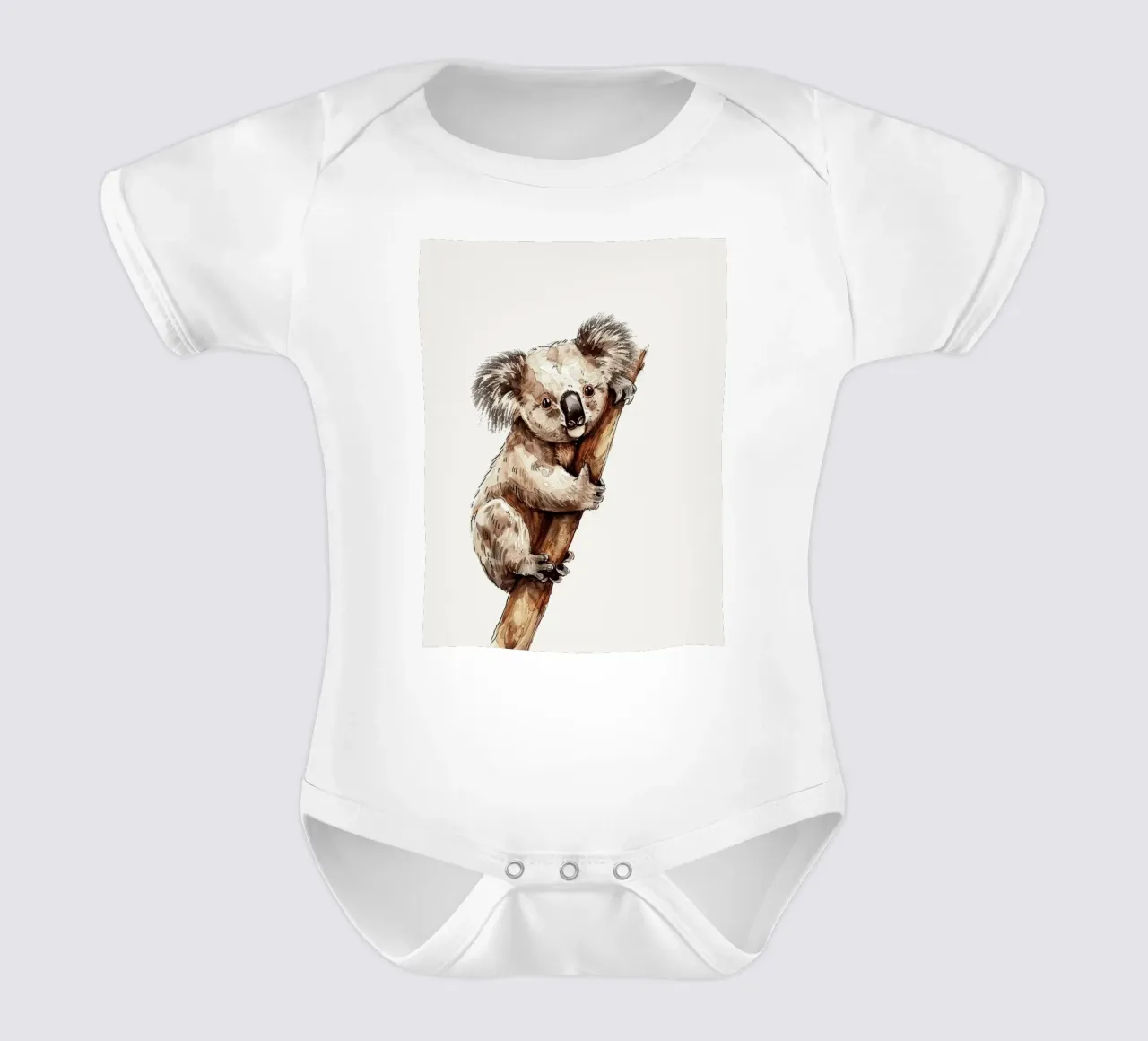 Cute koala climbing a tree branch in a natural habitat with short-sleeve baby romper by DesignDoodle