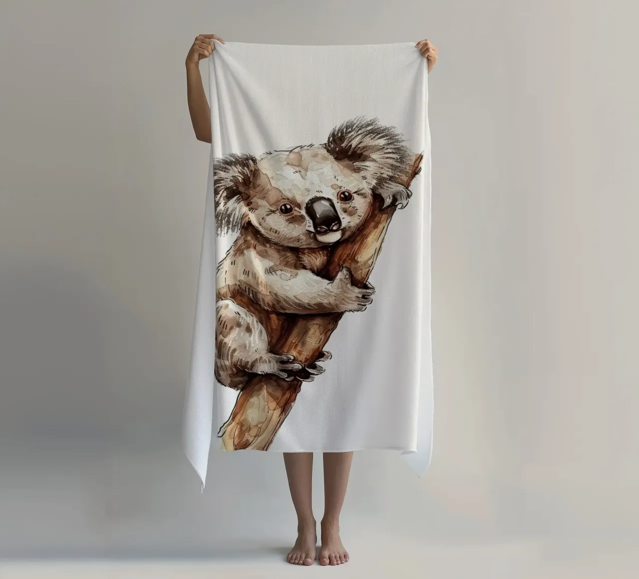 Cute koala climbing a tree branch in a natural habitat with beach towel by DesignDoodle