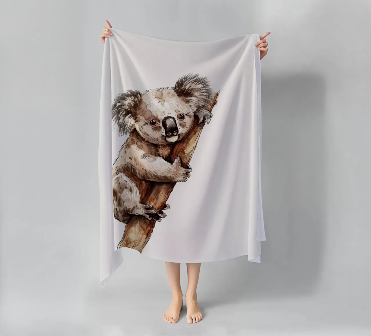 Cute koala climbing a tree branch in a natural habitat with beach towel by DesignDoodle