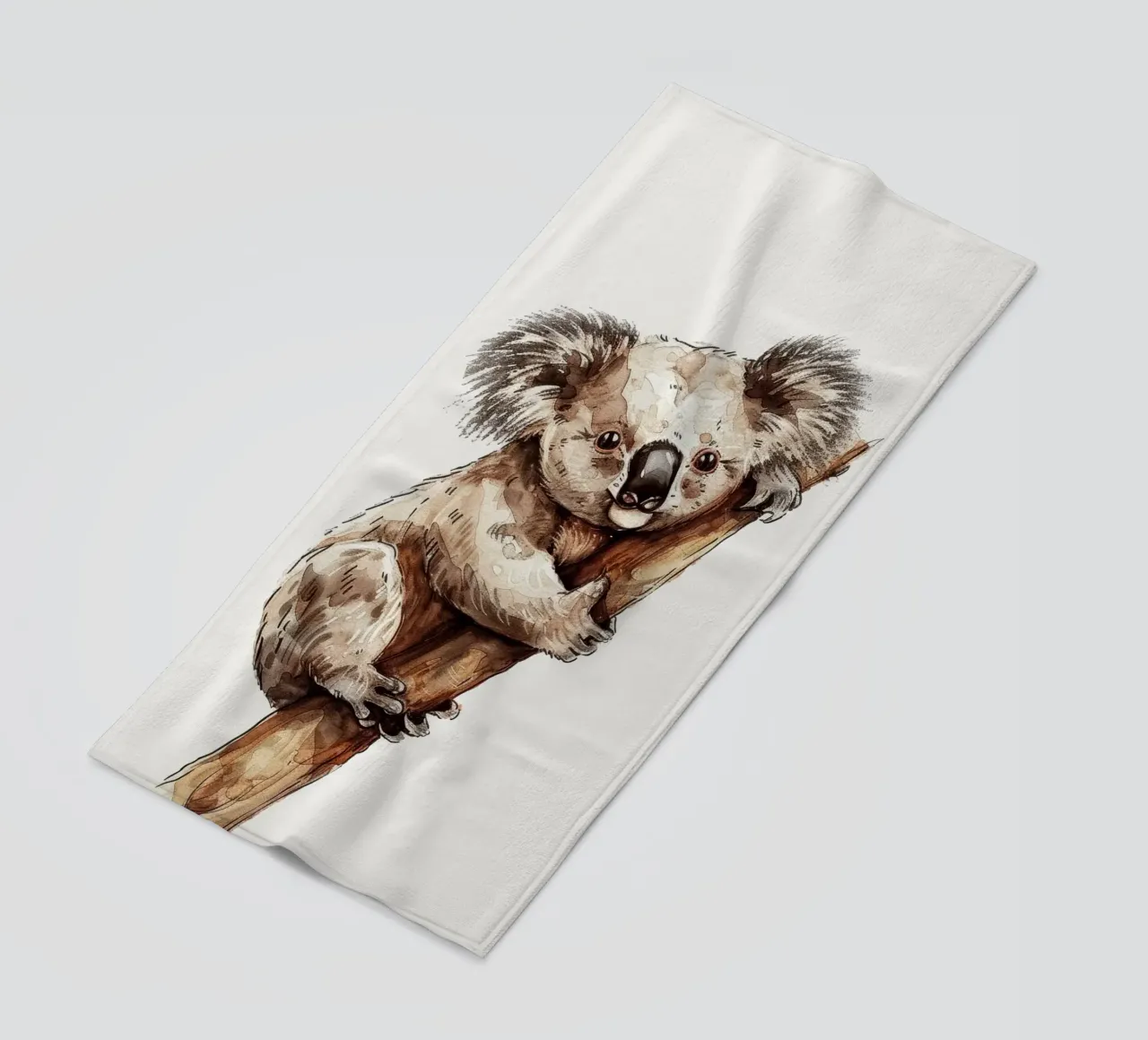 Cute koala climbing a tree branch in a natural habitat with beach towel by DesignDoodle
