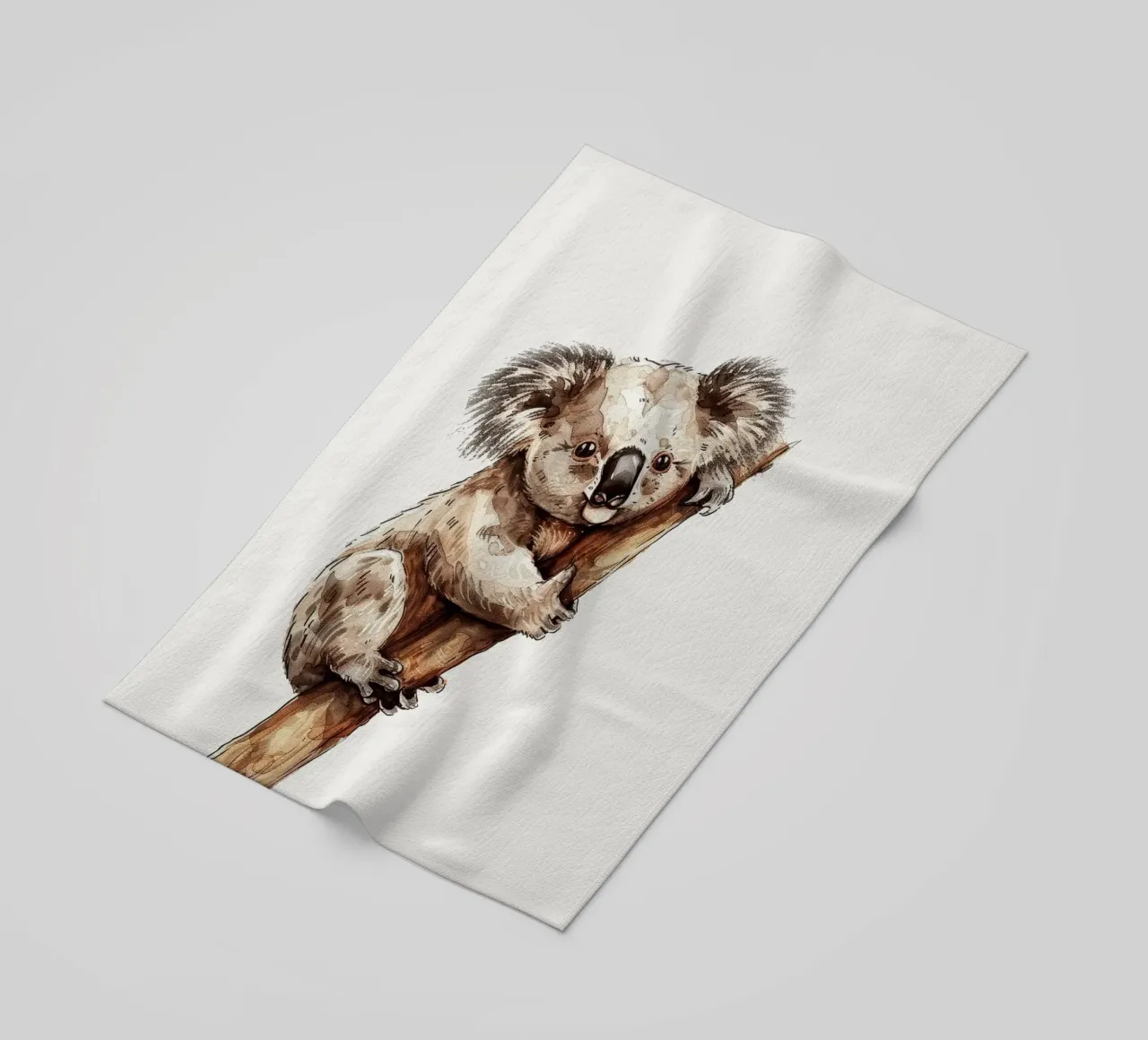 Cute koala climbing a tree branch in a natural habitat with beach towel by DesignDoodle