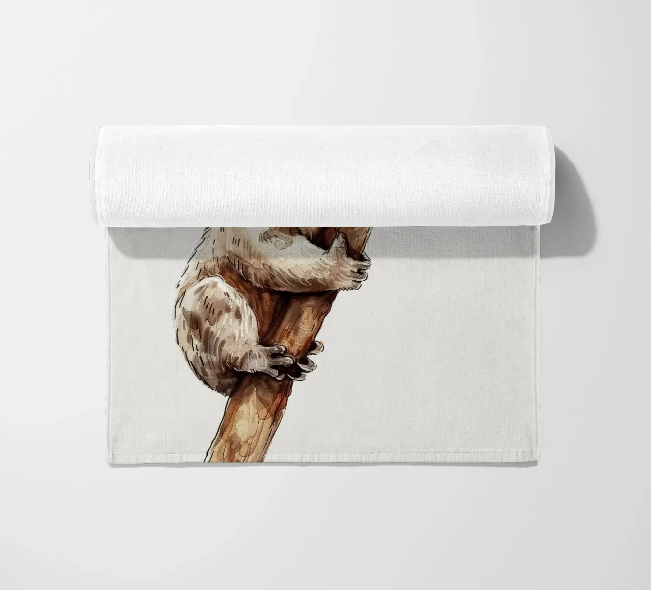 Cute koala climbing a tree branch in a natural habitat with beach towel by DesignDoodle