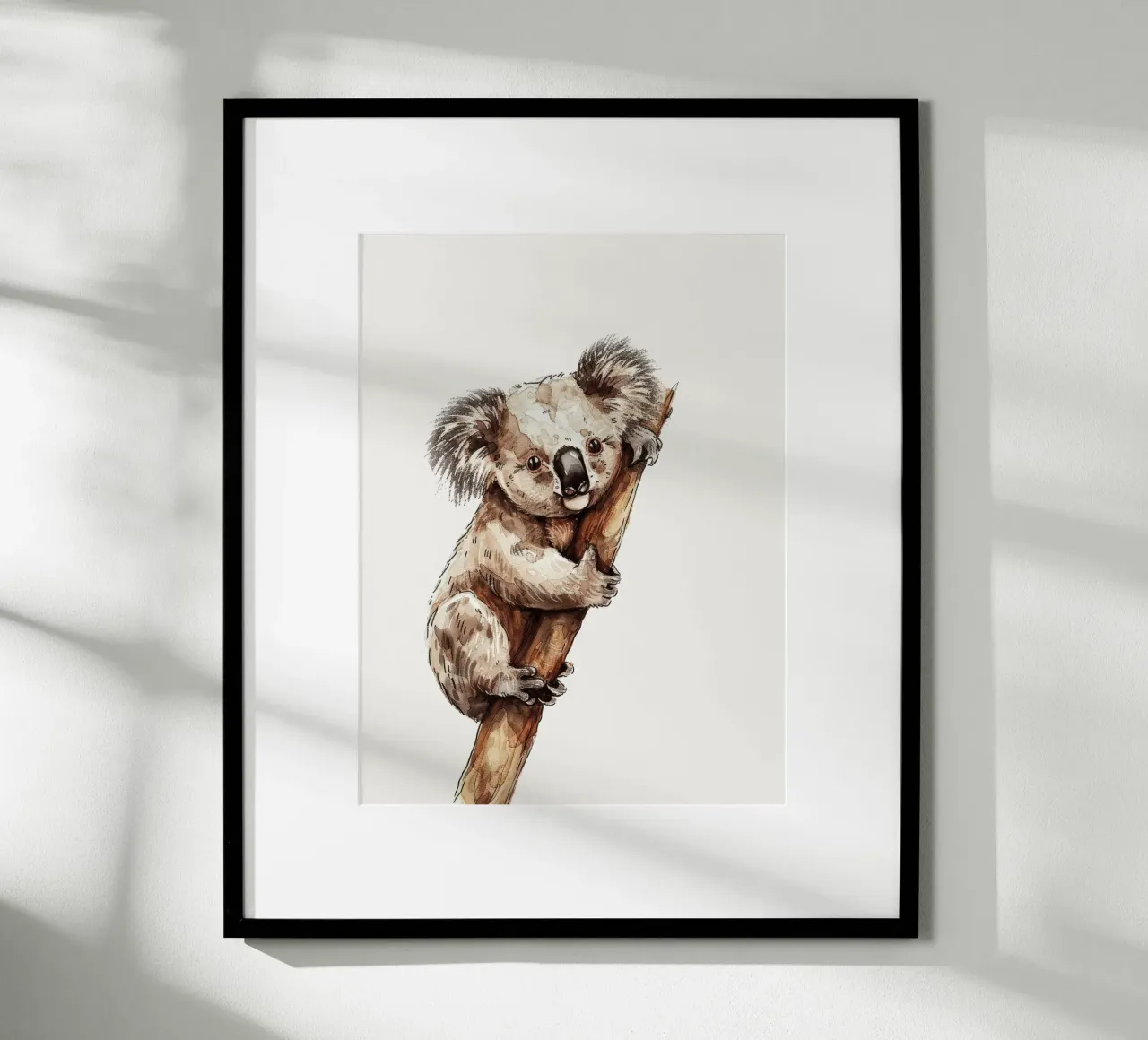 Cute koala climbing a tree branch in a natural habitat with hahnemühle by DesignDoodle