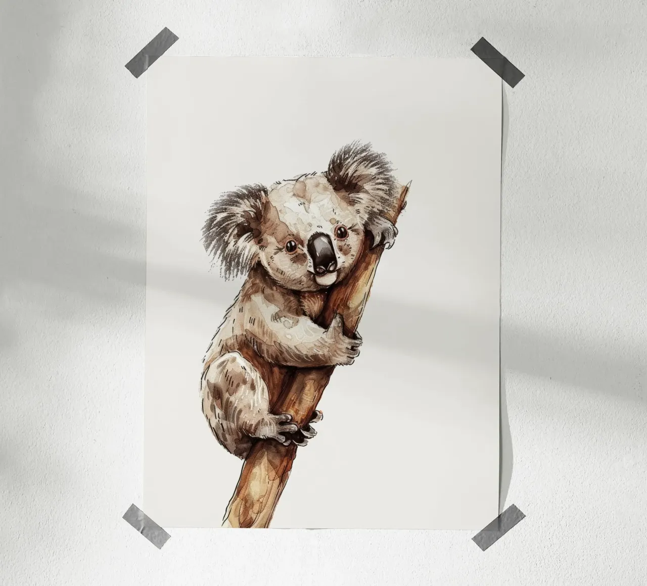 Cute koala climbing a tree branch in a natural habitat with hahnemühle by DesignDoodle