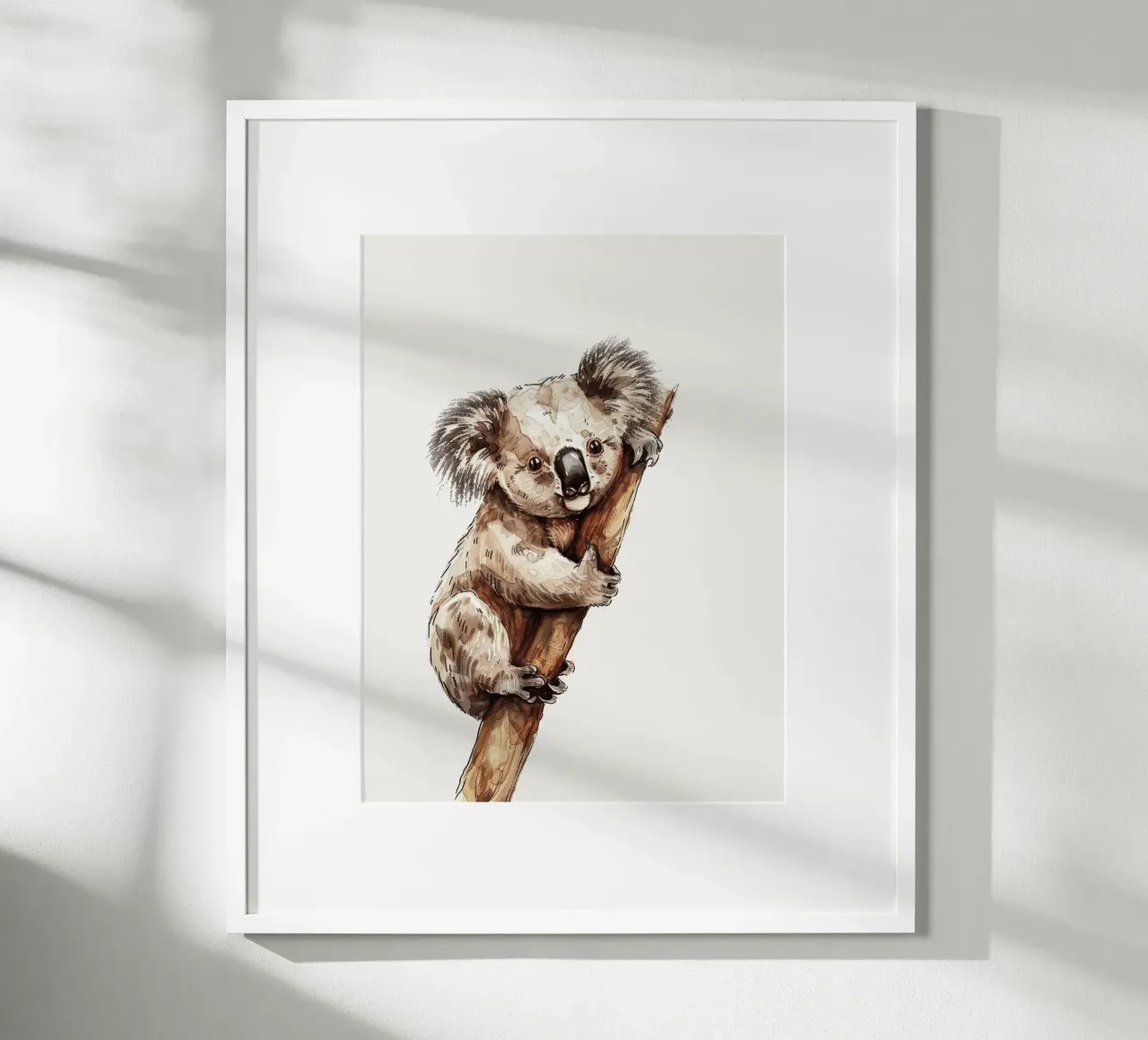 Cute koala climbing a tree branch in a natural habitat with hahnemühle by DesignDoodle