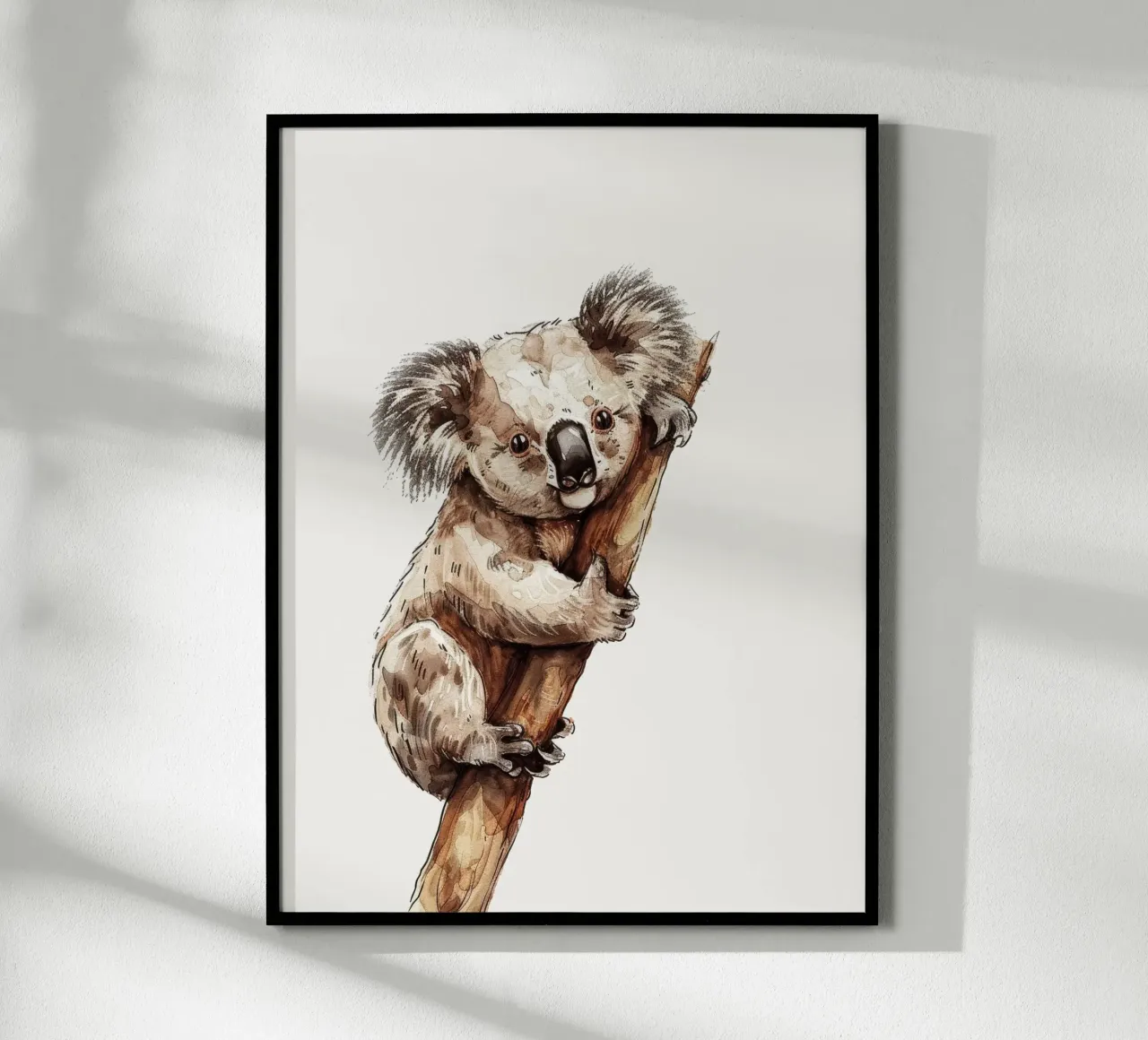 Cute koala climbing a tree branch in a natural habitat with hahnemühle by DesignDoodle