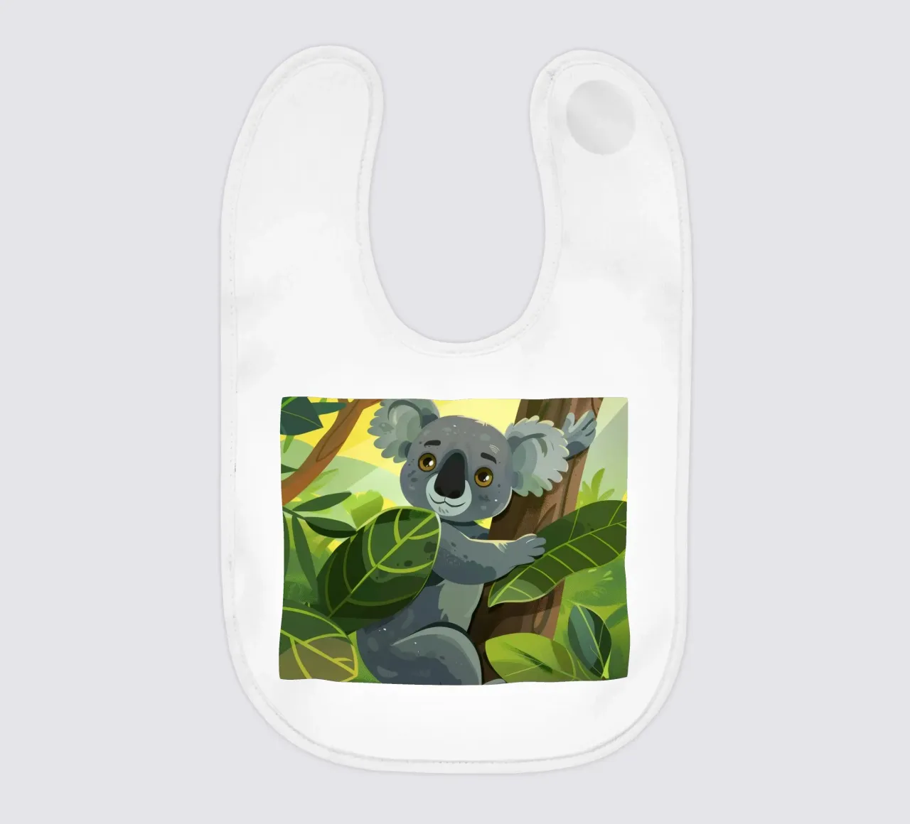 Koala klettert auf einen Baum in einer üppigen Waldlandschaft während der Babylätzchen von DesignDoodle