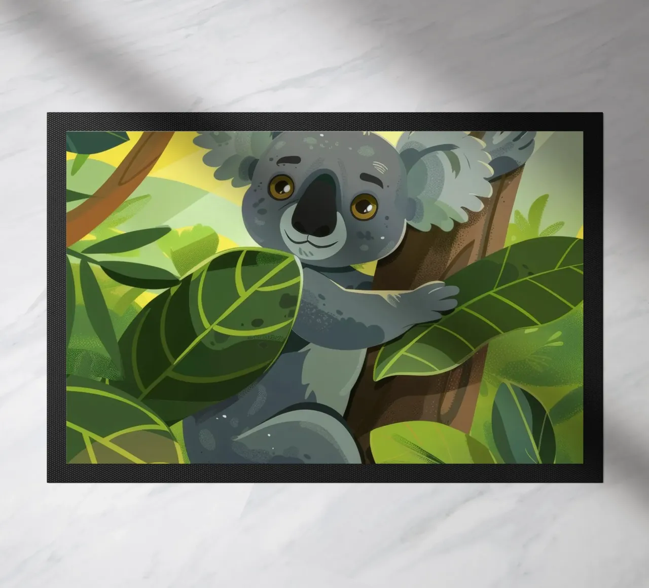 Koala climbing a tree in a lush forest landscape during the doormat by DesignDoodle