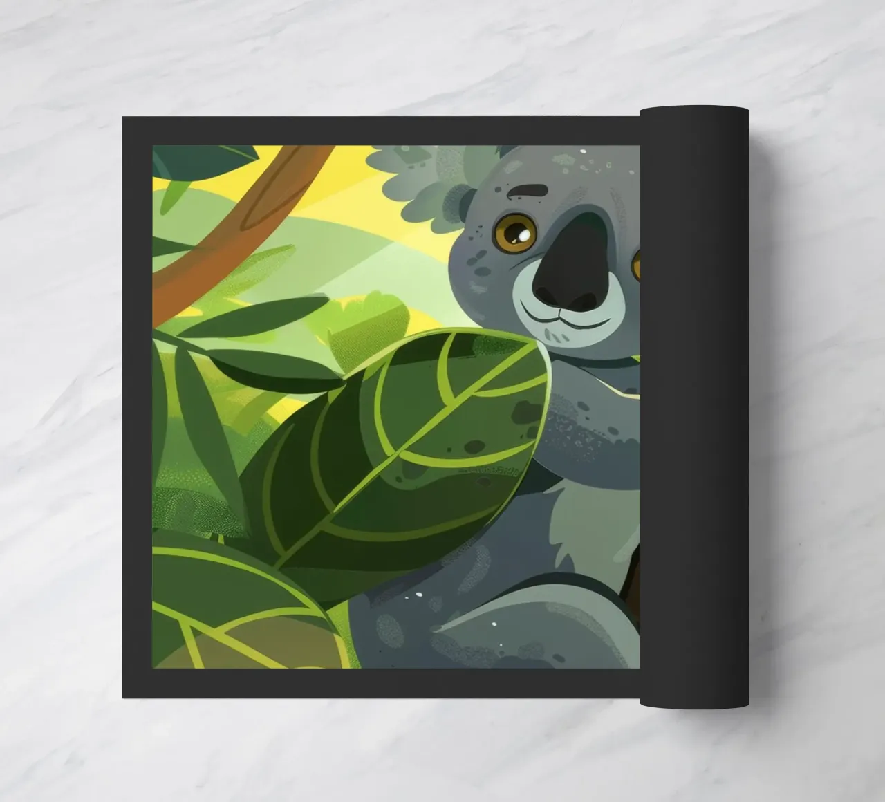 Koala climbing a tree in a lush forest landscape during the doormat by DesignDoodle