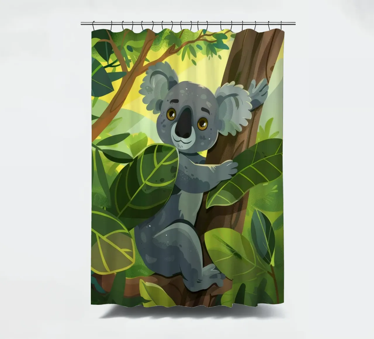 Koala klettert auf einen Baum in einer üppigen Waldlandschaft während der Duschvorhang von DesignDoodle