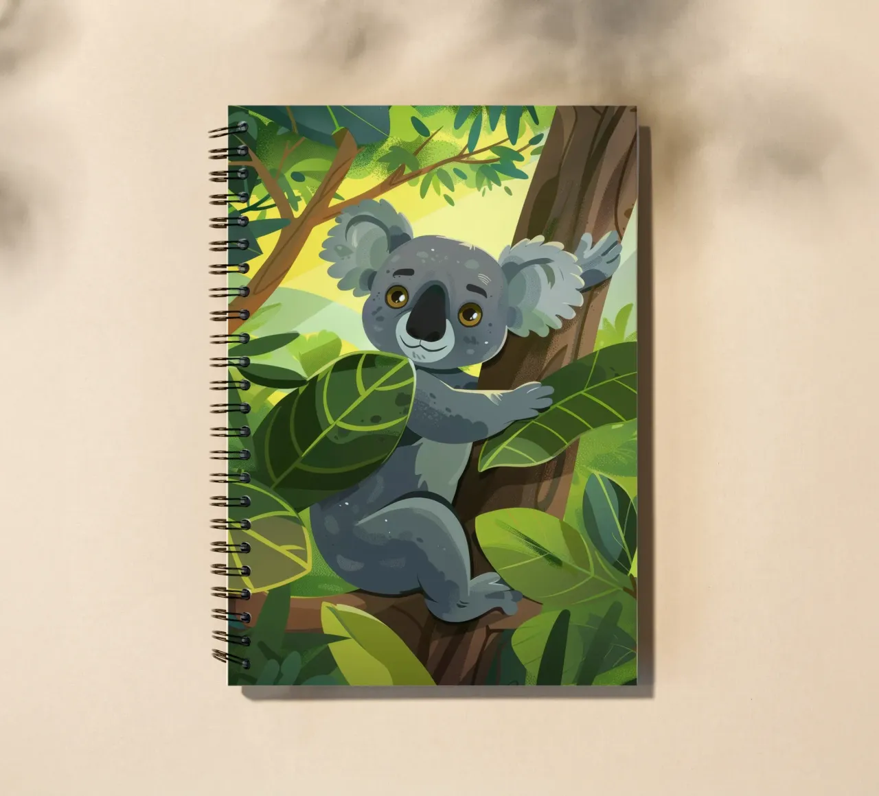 Koala climbing a tree in a lush forest landscape during the spiral notebook by DesignDoodle