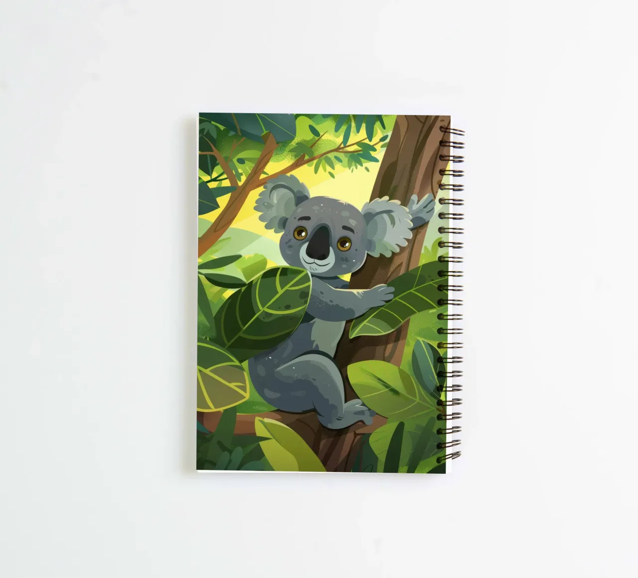 Koala climbing a tree in a lush forest landscape during the spiral notebook by DesignDoodle