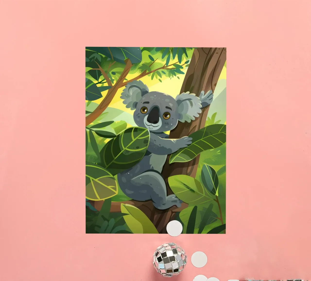 Koala grimpant à un arbre dans un paysage de forêt luxuriante pendant la saison des pluies. autocollant de DesignDoodle