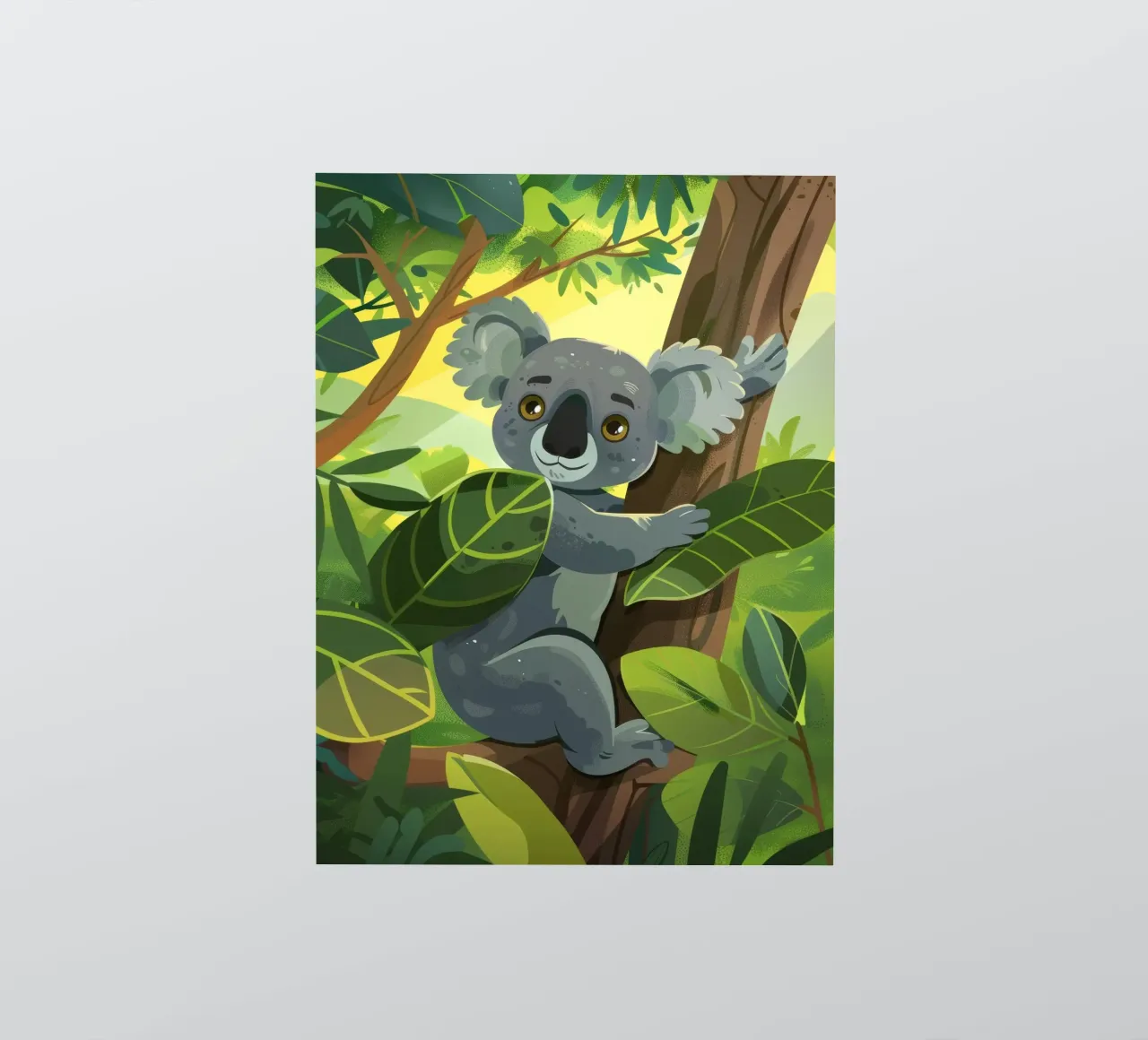 Koala grimpant à un arbre dans un paysage de forêt luxuriante pendant la saison des pluies. autocollant de DesignDoodle