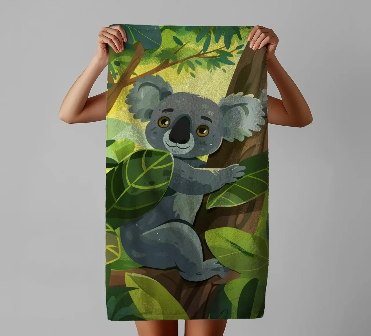 Koala climbing a tree in a lush forest landscape during the towel by DesignDoodle
