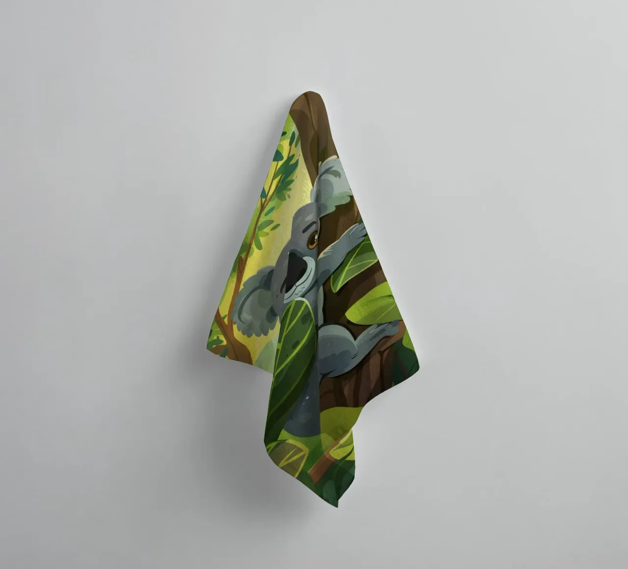 Koala climbing a tree in a lush forest landscape during the towel by DesignDoodle