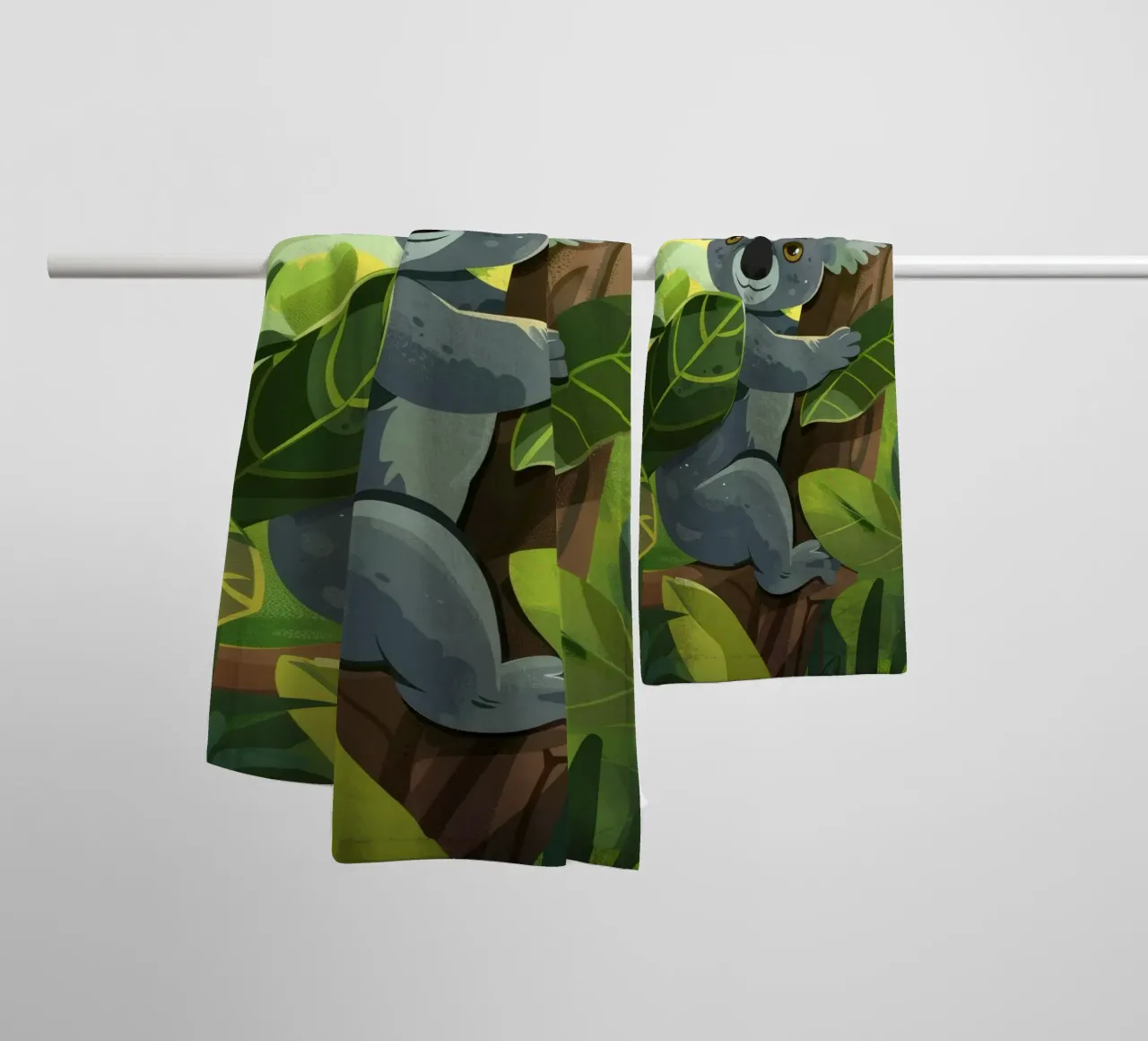 Koala climbing a tree in a lush forest landscape during the towel by DesignDoodle
