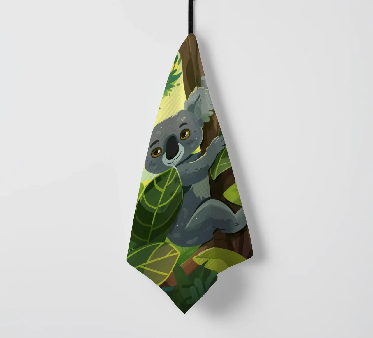 Koala climbing a tree in a lush forest landscape during the tea towel by DesignDoodle
