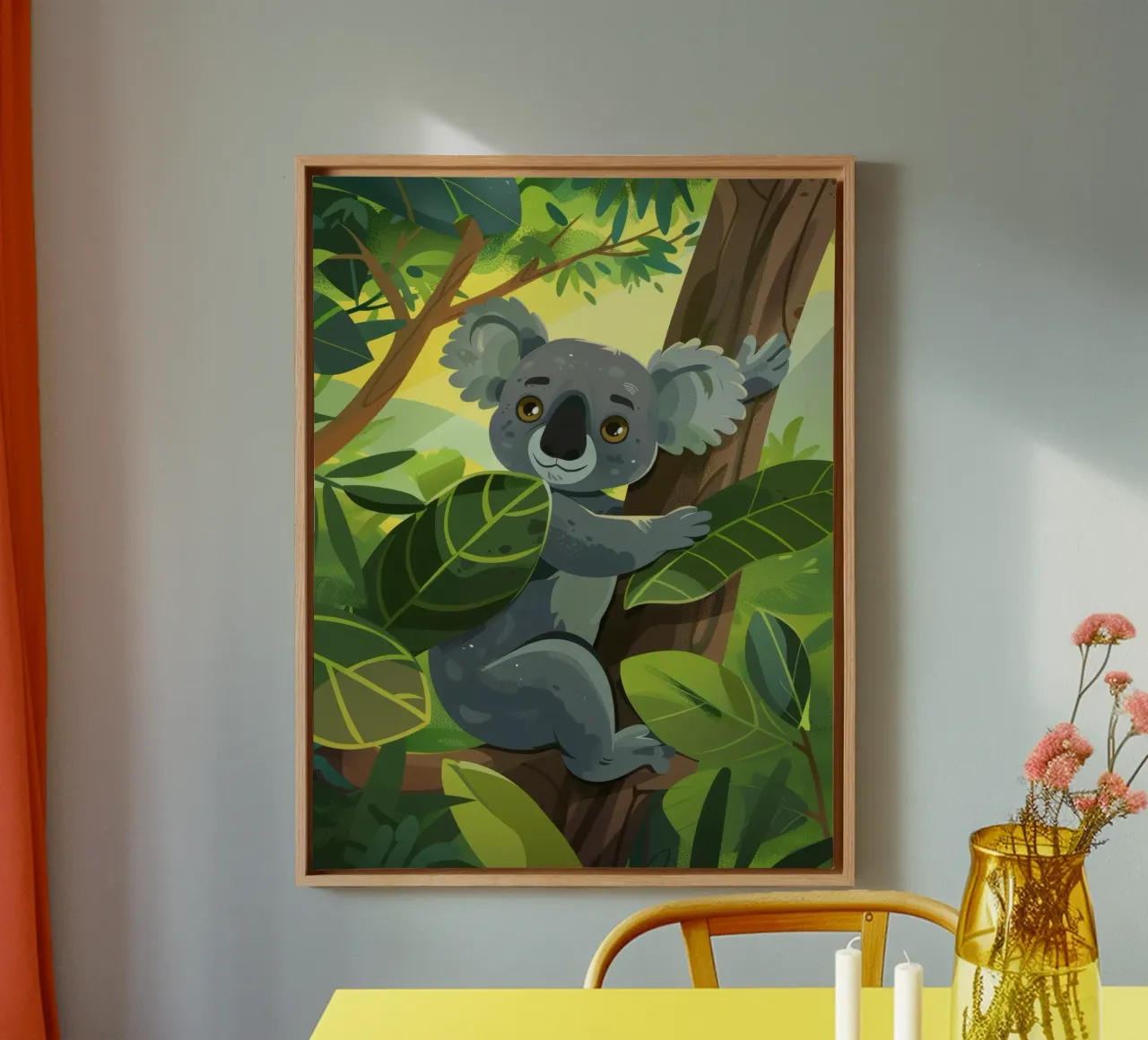 Koala climbing a tree in a lush forest landscape during the canvas by DesignDoodle