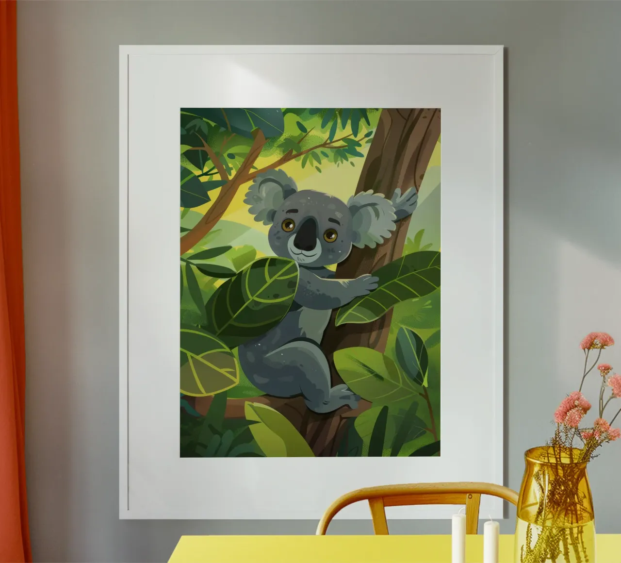 Koala climbing a tree in a lush forest landscape during the hahnemühle by DesignDoodle