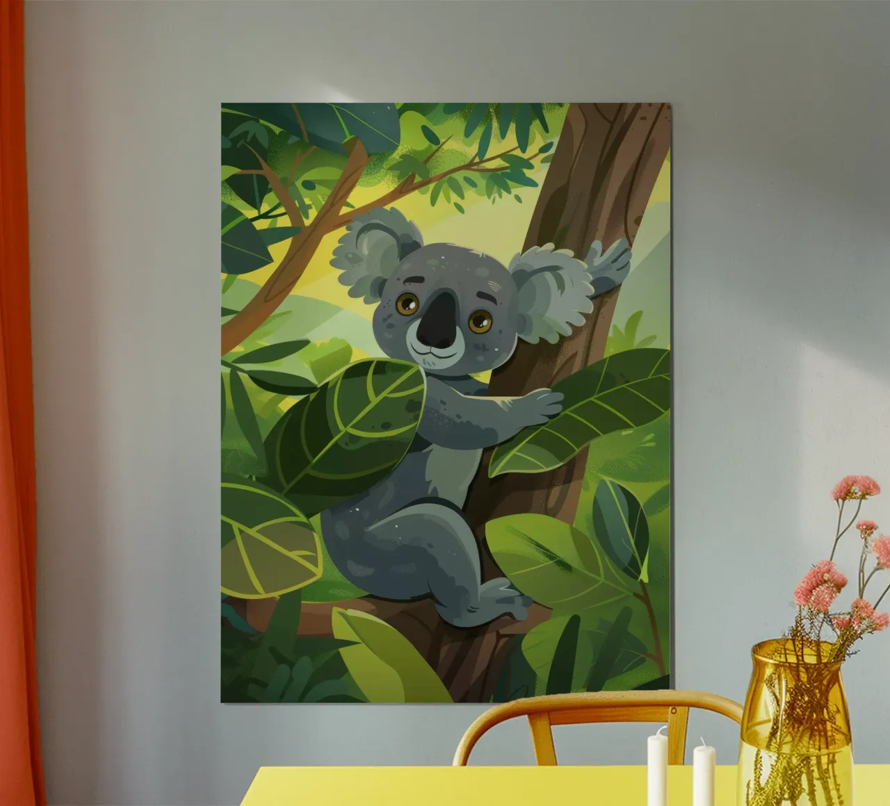 Koala climbing a tree in a lush forest landscape during the hahnemühle by DesignDoodle